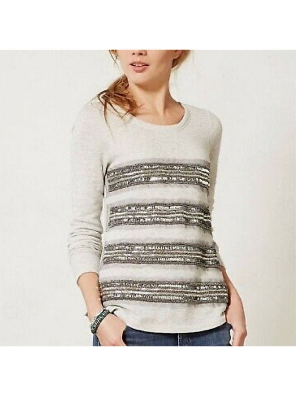 Anthropologie Philosophy Deletta Grey Sequin Beaded Sweater